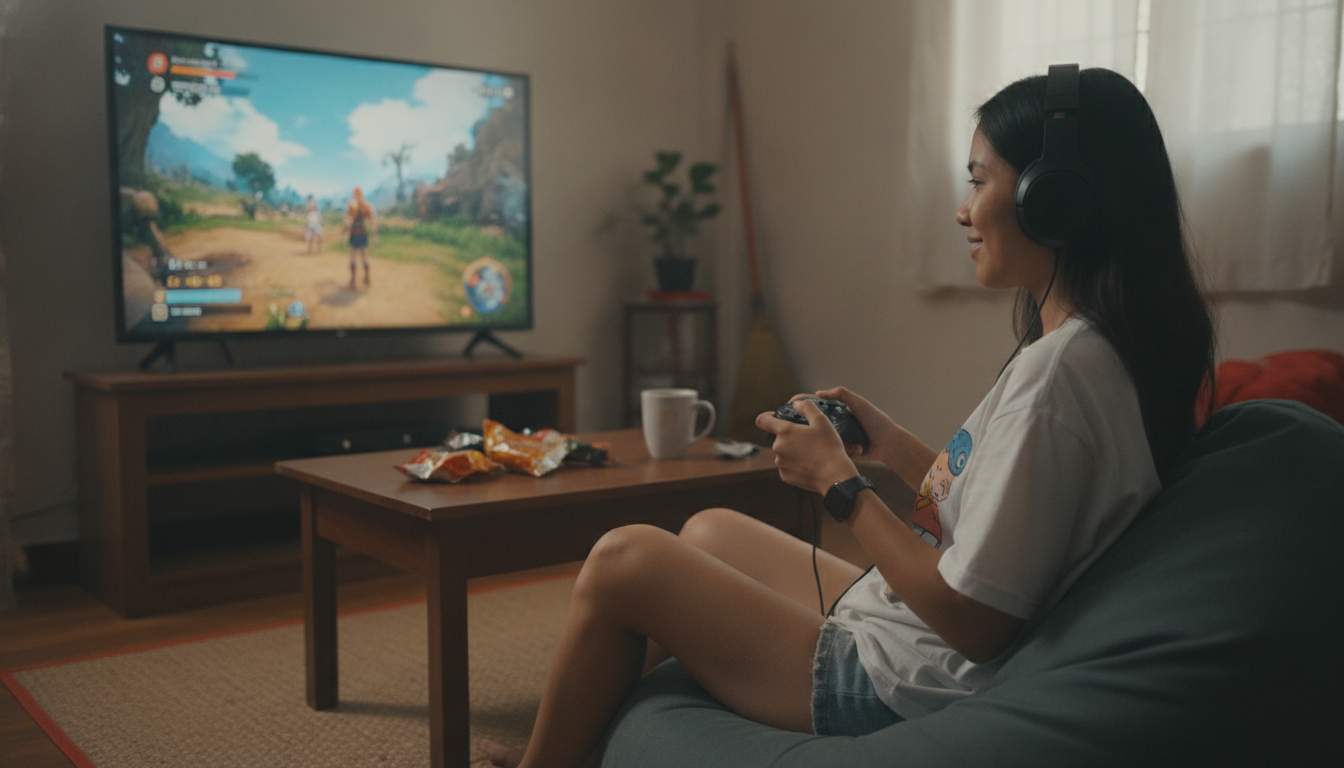 A woman enjoying online gaming in a cozy setting